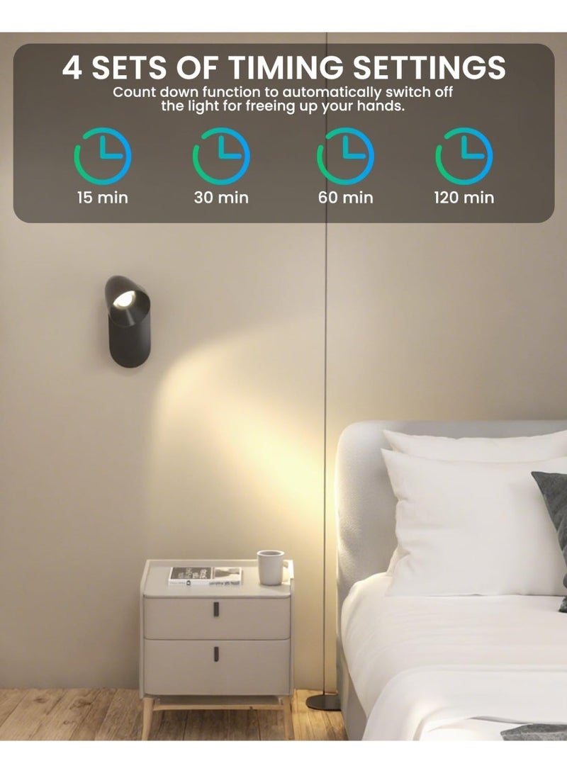 لياوسيسي مصباح جداري مغناطيسي قابل لإعادة الشحن LED للقراءة مع تركيب على الجدار، ضوء للمكياج قابل للدوران، 3 ألوان قابلة للتعتيم، ضوء داخلي يعمل بالبطارية، إضاءة تسليط لاسلكية مع مؤقت لغرفة النوم بجانب السرير، غرفة المعيشة، النباتات والأعمال الفنية - اللون الأسود - Image 5